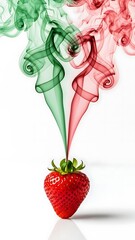 Vibrant strawberry emitting colorful swirling smoke against a white background