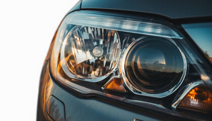 Close Up Car Headlight Showcases Modern Design and Light Reflection.