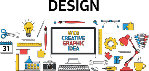 Creative graphic design workspace illustration with computer tools icons, web design concept, digital creativity elements, and modern flat vector composition