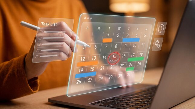 Business person using futuristic holographic calendar and task list interface for efficient time management and schedule planning while working on laptop, virtual reality concept.