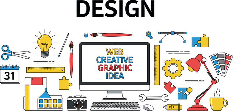 Creative graphic design workspace illustration with computer tools icons, web design concept, digital creativity elements, and modern flat vector composition