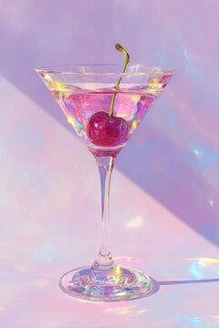 A martini glass with a single cherry garnish against a pastel iridescent background. Concept Martini glass shot, Cherry garnish, Pastel iridescent background, Still life photography