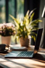 Fototapeta premium Laptop on a wooden table with a cup and potted plants in the sunlit background by a window. Concept Laptop by Window, Sunlit Desk, Potted Plants, Coffee Cup, Wooden Table