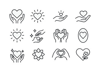 Open-hearted Icons Display. Open-heartedness. Line icon set of Open-heartedness: heart with open hands, heart with rays, caring hand, glowing heart, helping