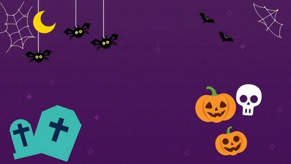 Fototapeta premium Spooky halloween scene with pumpkins bats cobwebs moon graveyard and skull for festive holiday fun