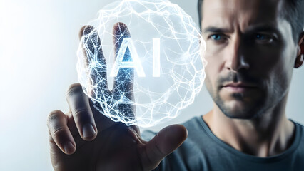 man extending finger toward floating AI data sphere made of soft light particles