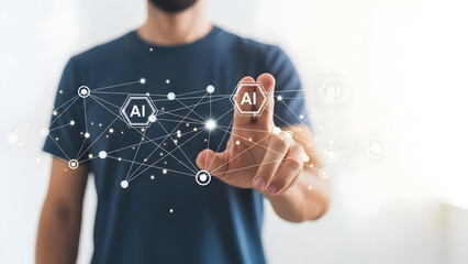 Man touching floating AI network nodes connected by light lines, soft white blur background