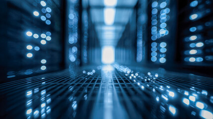 Futuristic illuminated data center corridor with glowing blue lights and blurred server racks creating a high-tech atmosphere in a modern technology room