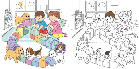 Happy children playing with cute puppies in living room, building obstacle course with colorful soft blocks and tunnels, vector illustration of kids and dogs having fun at home.
