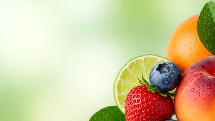 Fresh mixed fruits with lime slice, strawberry, blueberry, orange and mango on green gradient background for healthy eating and nutrition concepts.