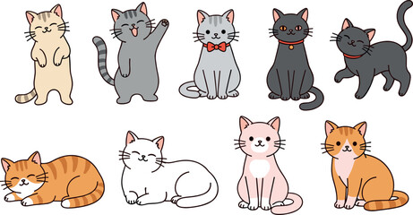 Cute cartoon cat characters vector set with playful kittens and adult cats in different poses for pet, kids and animal illustration design isolated on white background