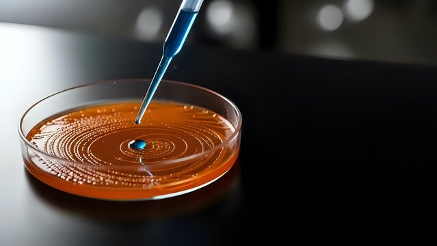 Laboratory petri dish with orange bacterial culture medium being inoculated with sterile loop for microbiology research and scientific analysis.