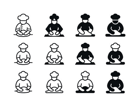 Baker Logo Variations. A baker kneading dough by hand on a flour-covered surface. Icon set. Set Logo of a baker kneading dough by hand on a flour-covered