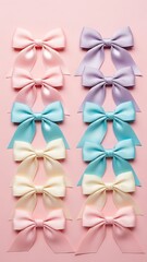 Beautiful pastel bows arranged neatly on a soft pink background for crafting and decoration purposes