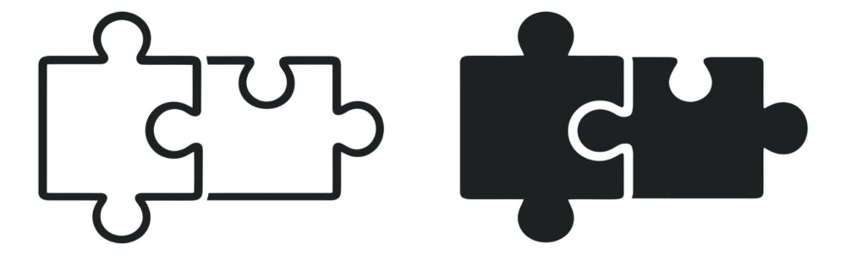 Simple icon puzzle pieces set featuring connected outline and solid versions for problem solving