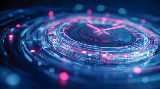 Futuristic digital interface with neon blue and pink glowing circular patterns representing advanced technology and data visualization in a sleek design - Powered by Adobe