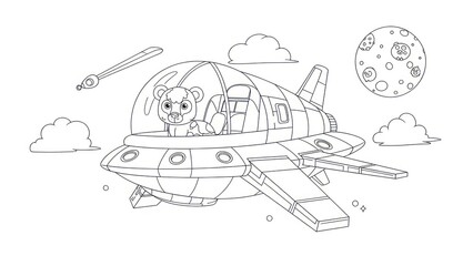 Fototapeta premium Cartoon bear piloting spaceship in space with planets and clouds