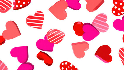 Colorful heart shapes in various patterns on white background for valentines day