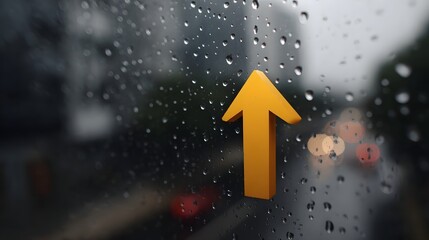 Fototapeta premium Orange arrow on a rainy window signifies upward progress against blurred city lights