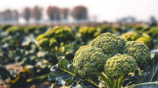 florets. Field of dark green broccoli plants under sunlight. gardening catalogs, home-decor guides, botanical posters, designed for gardening and botanical catalogs, used by hr managers.