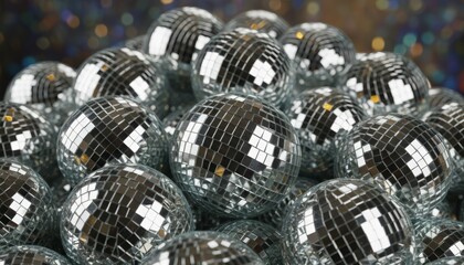 Disco balls reflecting light and creating a dazzling, sparkling effect, symbolizing a fun and retro party, celebration, music, and dance event from the 70s or 80s era