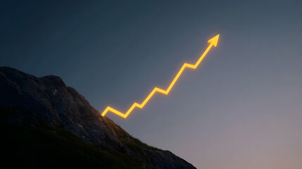 A glowing orange upward trend graph ascends a steep mountain slope under a twilight sky symbolizing growth and success