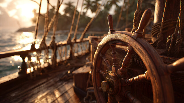 Pirate ship deck and steering wheel of an old sailing ship. 