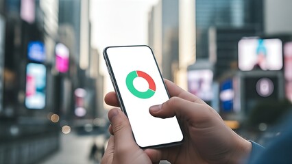 Close-up of hands holding a smartphone showing a pie chart app. Urban cityscape as the background.
