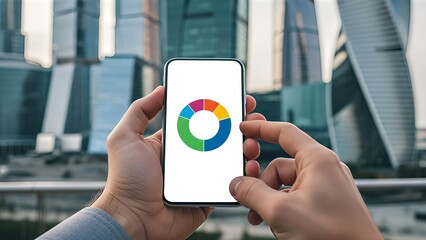 Hands hold a smartphone displaying a colorful chart with skyscrapers in the background.