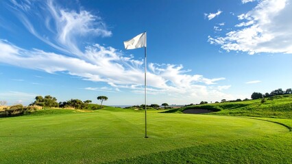 青空のゴルフ場 グリーン ピンフラッグ 