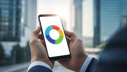 Close-up of smartphone held by a person showing a colorful pie chart with a blurred cityscape background.