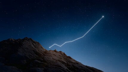 Symbolic upward trend graph against a starry night sky above a mountain peak