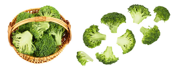 fresh broccoli in wicker basket isolated on white background close-up with full depth of field. Top view. Flat lay
