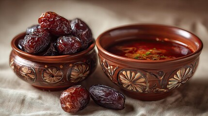Close up of dates in decorative bowls for culinary and dietary purposes