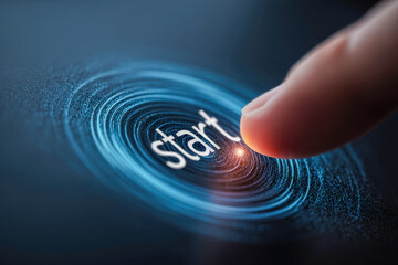 Finger pressing futuristic glowing digital start button surrounded by circular wave patterns symbolizing activation and beginning of a new process on dark interface