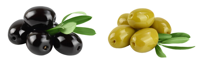 Black and green olives with leaves isolated on a white background with full depth of field.