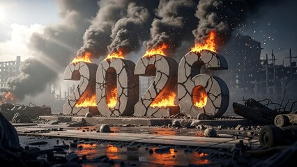 Giant cracked 2026 numbers on fire amid a devastated cityscape. Dark, moody atmosphere.