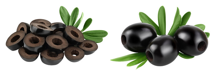 Black olive slices isolated on a white background with full depth of field.