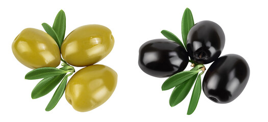 Green and black olives with leaves isolated on a white background with full depth of field. Top...