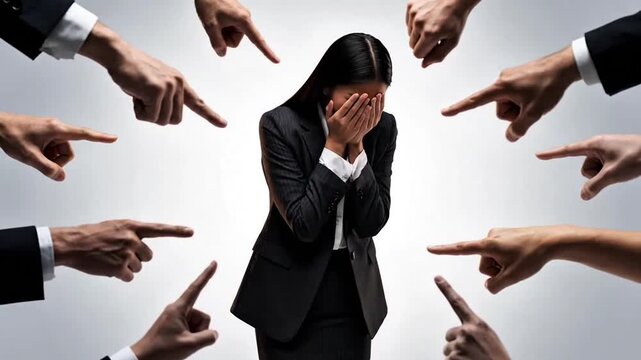 Crying Asian Businesswoman Victim of Workplace Bullying and Harassment