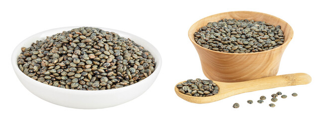 raw french green lentils in ceramic and wooden bowl isolated on white background with full depth of field