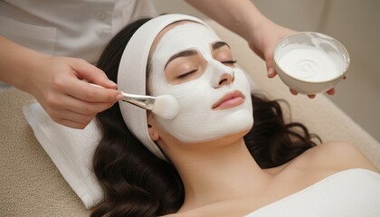 Relaxed Woman Receiving a Rejuvenating Facial Mask Treatment at a Serene Beauty Spa