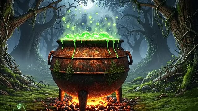 Mystical Cauldron Bubbling with Green Potion in an Enchanted Forest.