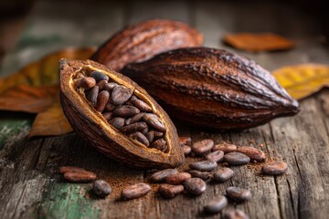 Aromatic cocoa beans scattered around a split cacao pod on a textured table