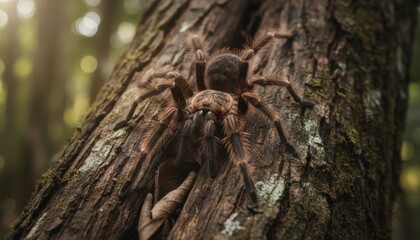 Close up of a Large Hairy Tarantula Resting on Textured Tree Bark in a Tropical Forest