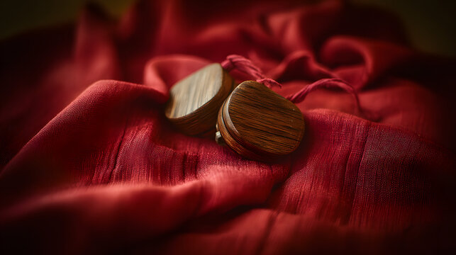 castanets. A pair of wooden castanets resting on the textured folds of a vibrant red Flamenco skirt. event programs, museum guides, designed for cultural heritage projects and event programs.