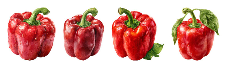 Vibrant red bell pepper illustrations with green stem and leaf PNG set with isolated on transparent background