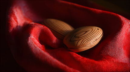 castanets. A pair of wooden castanets resting on the textured folds of a vibrant red Flamenco skirt. event programs, museum guides, designed for cultural heritage projects and event programs.