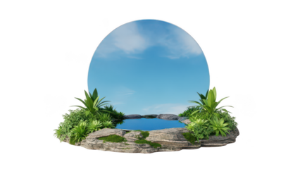 Natural stone pond with greenery and sky backdrop, cut-out for organic product display concepts.