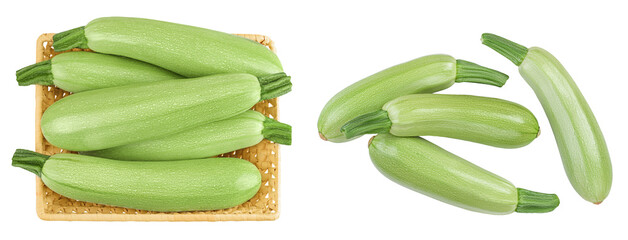 zucchini or marrow in a wicker basket isolated on white background with full depth of field. Top...